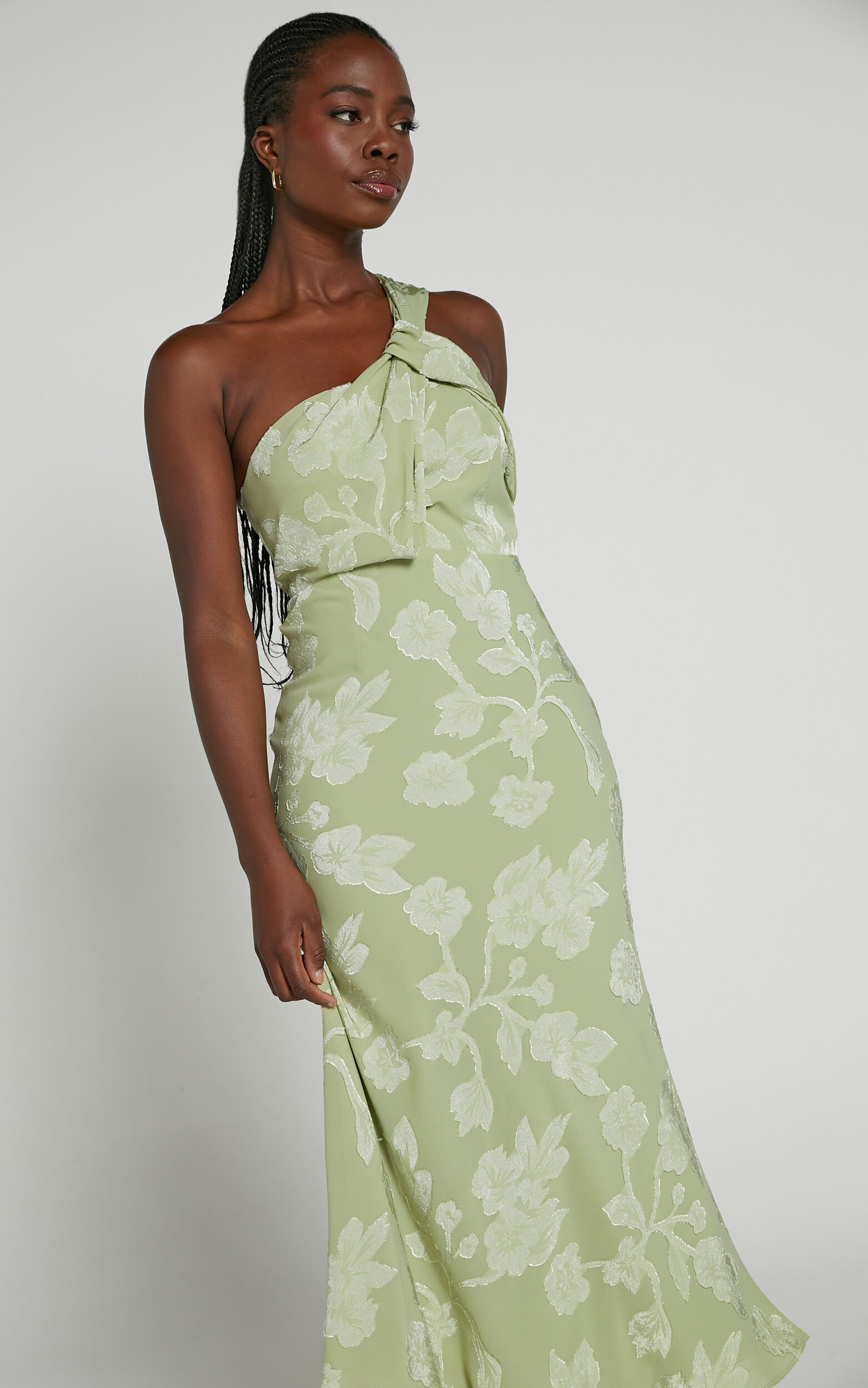 Brooklyn Midi Dress One Shoulder Knot Detail Dress in Sage
