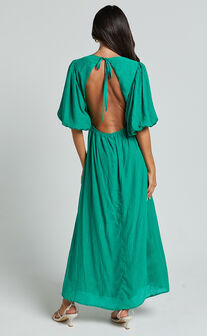 Wisteria Midi Dress - Plunge Neck 3/4 Puff Sleeve Thigh Split Open Tie Back Dress in Green