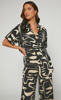 Karla Two Piece Set - Button Up Shirt and Wide Leg Pants Set in Black & Sand Print