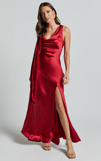 Brigette Maxi Dress - Sleeveless Cowl Neck with Ribbon Detail Strap in Red No Brand