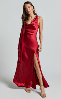 Brigette Maxi Dress - Sleeveless Cowl Neck with Ribbon Detail Strap in Red