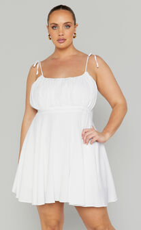 Aziah Mini Dress - Tie Shoulder Ruched Bodice Dress in White