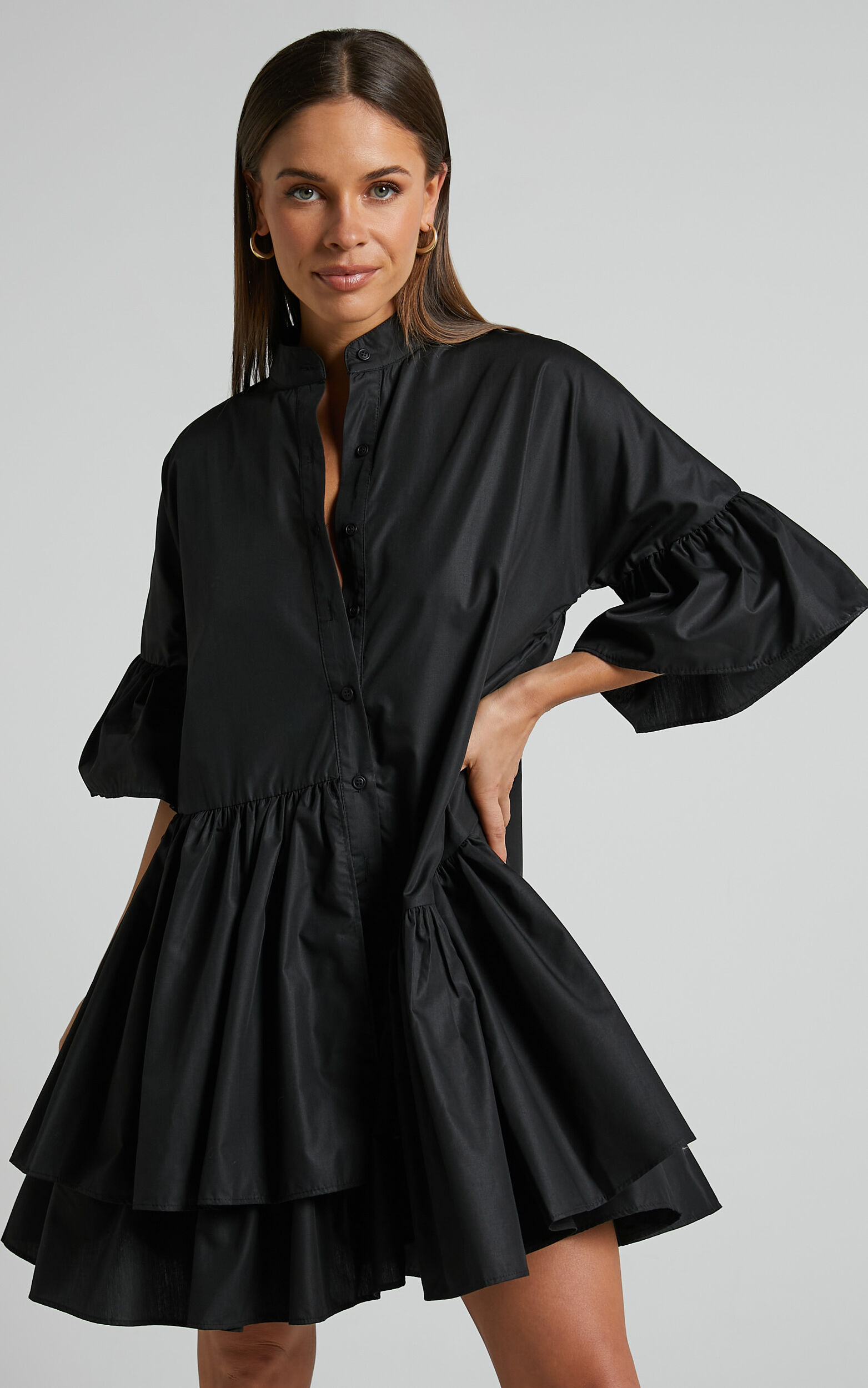 Elowen Mini Dress - Button Up Asymmetrical Tiered Smock Dress in Black - 06, BLK1