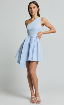 Mauee Mini Dress - One Shoulder Tie Waist Cut Out Dress in Powder Blue