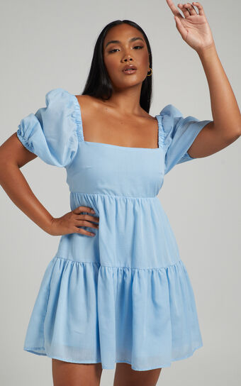Hazel Mini Dress - Short Sleeve Tiered Tie Back Smock Dress in Baby Blue