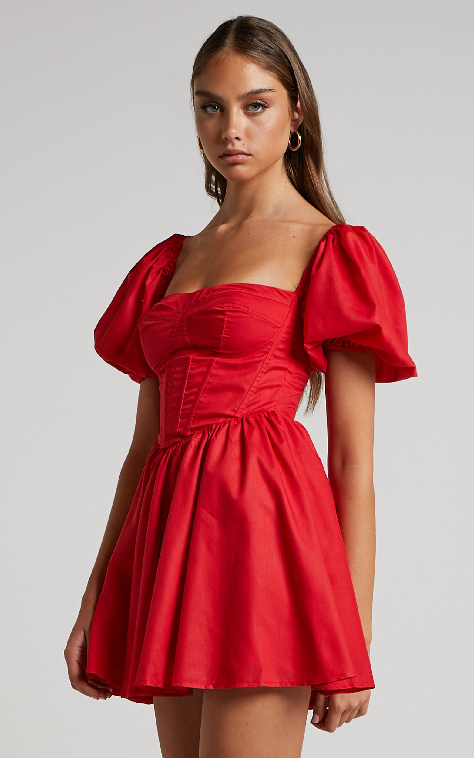 Souza Mini Dress - Fit and Flare Puff Sleeve Corset Dress in Red | Showpo  USA