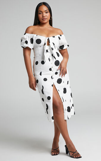 Roybeth Midi Dress - Linen Look Tie Bust Button Front Puff Sleeve Midi Dress in Black Spot