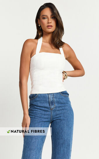 Mercy Top- Linen Look Square Neck Halter Top in White