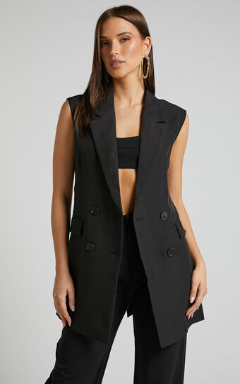 Kristitah Blazer Vest - Tie Waist Sleeveless Blazer in Black