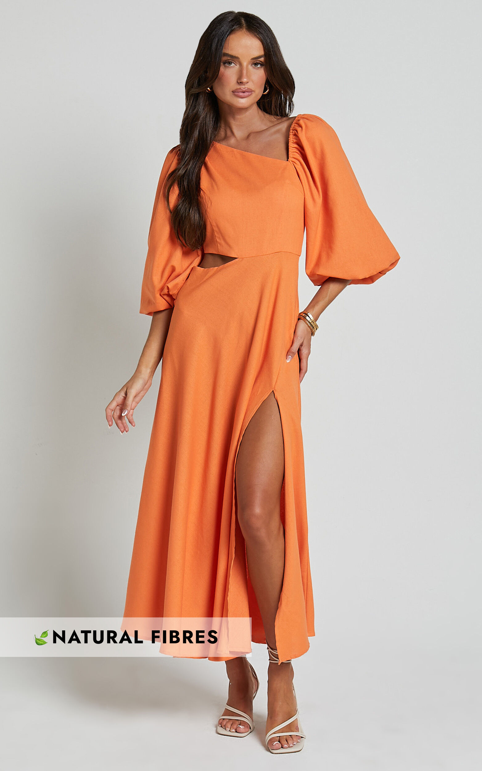 Rhyne Midi Dress - Asymmetric Puff Sleeve Side Cut Out A Line Dress in Papaya - 06, ORG1