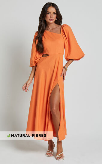 Rhyne Midi Dress - Asymmetric Puff Sleeve Side Cut Out A Line Dress in Papaya