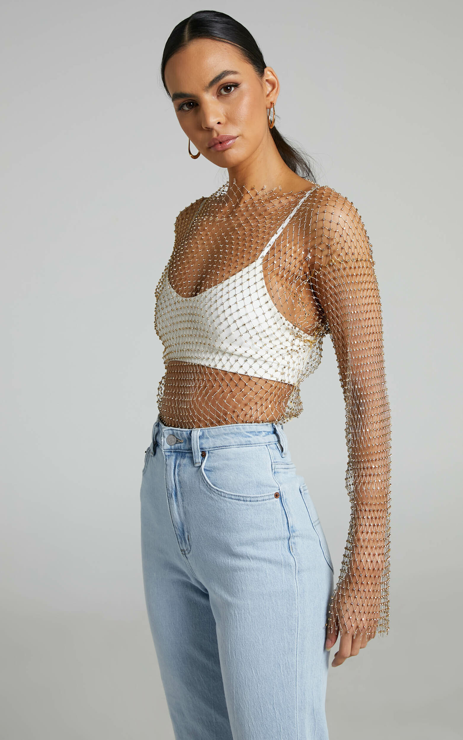 Charess Top - Diamante Mesh Long Sleeve Top in Gold