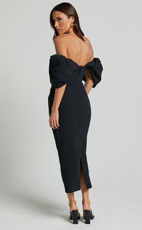 Lohan Midi Dress - Off Shoulder Puff Sleeve in Black