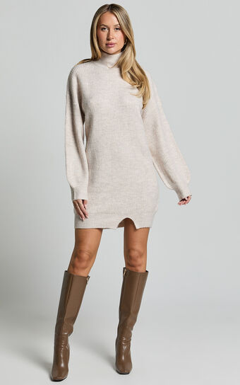 Tianna Mini Dress - Knitted Side Split Jumper Dress in Beige Marl