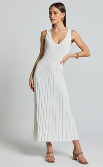 Maya Midi Knit Dress - Sleeveless V Neck Knited Dress in White