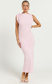 Jessenia Midi Dress - Linen Look High Neck Dress in Soft Pink | Showpo USA