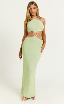 Amalie The Label - Mina Halter Knit Side Cut Out Midi Dress in Green