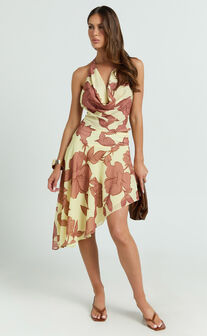 Malik Midi Skirt - Georgette Ruched Waist Asymmetric Skirt in Lemon Bouquet Di Fiori Print