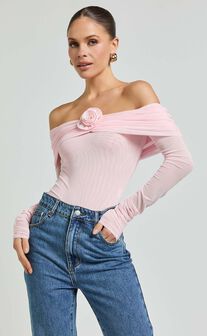 Seraphina Bodysuit - Off Shoulder Long Sleeve Detachable Rosette Mesh Bodysuit in Baby Pink