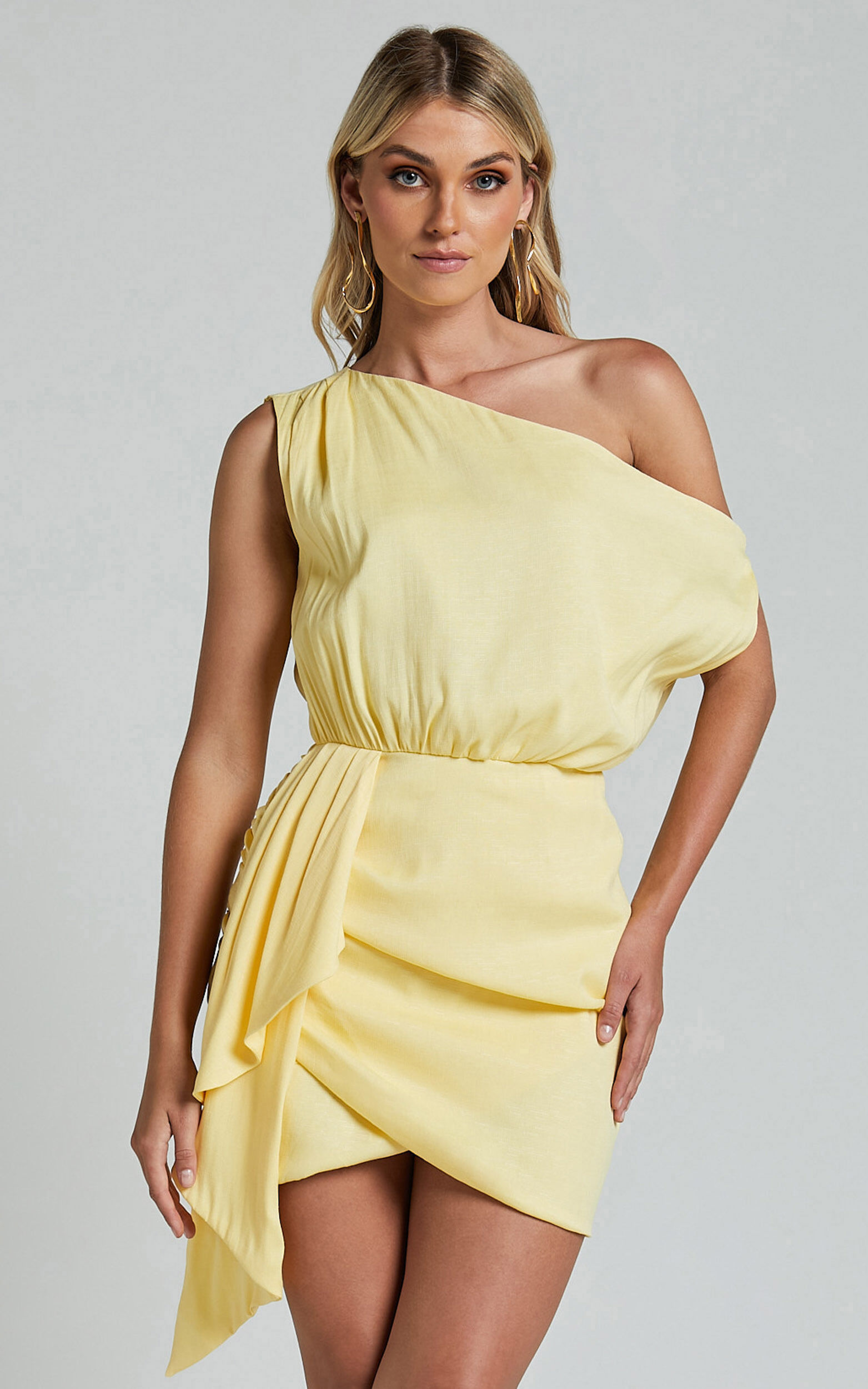 Niana Mini Dress - Drape One Shoulder Dress in Lemon - 04, YEL1