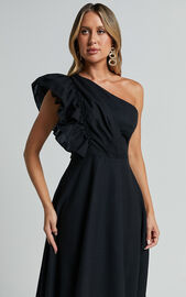 Dixie Midi Dress - Linen Look One Shoulder Ruffle Dress in Black | Showpo