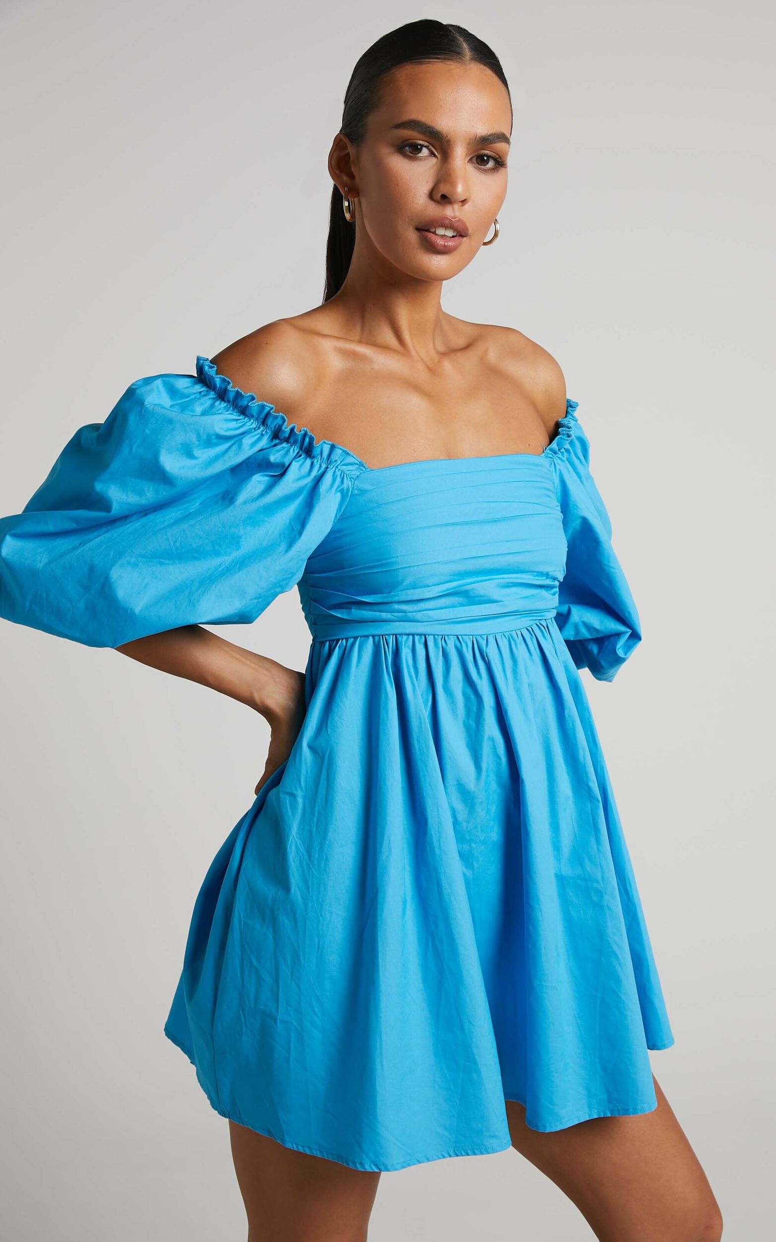 Melony Mini Dress - Cotton Poplin Puff Sleeve Dress in Blue | Showpo USA
