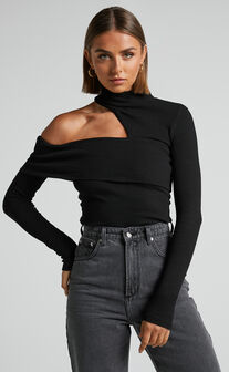 Kiefer Top - Asymmetric Long Sleeve Cutout Top in Black