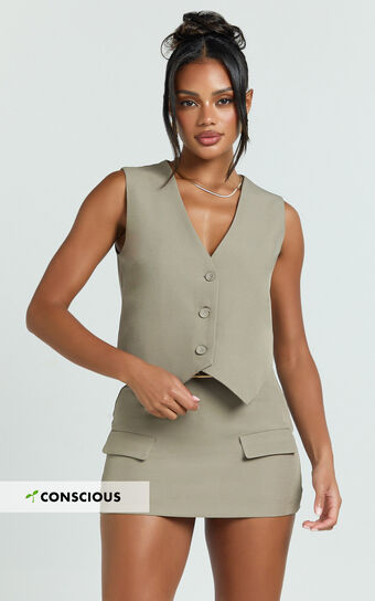 Melinda Top- Recycled Tailored Button Through Vest Top in Light Olive