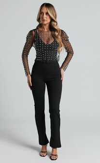 Illiana Top - Pearl Mesh Gathered Long Sleeve Top in Black
