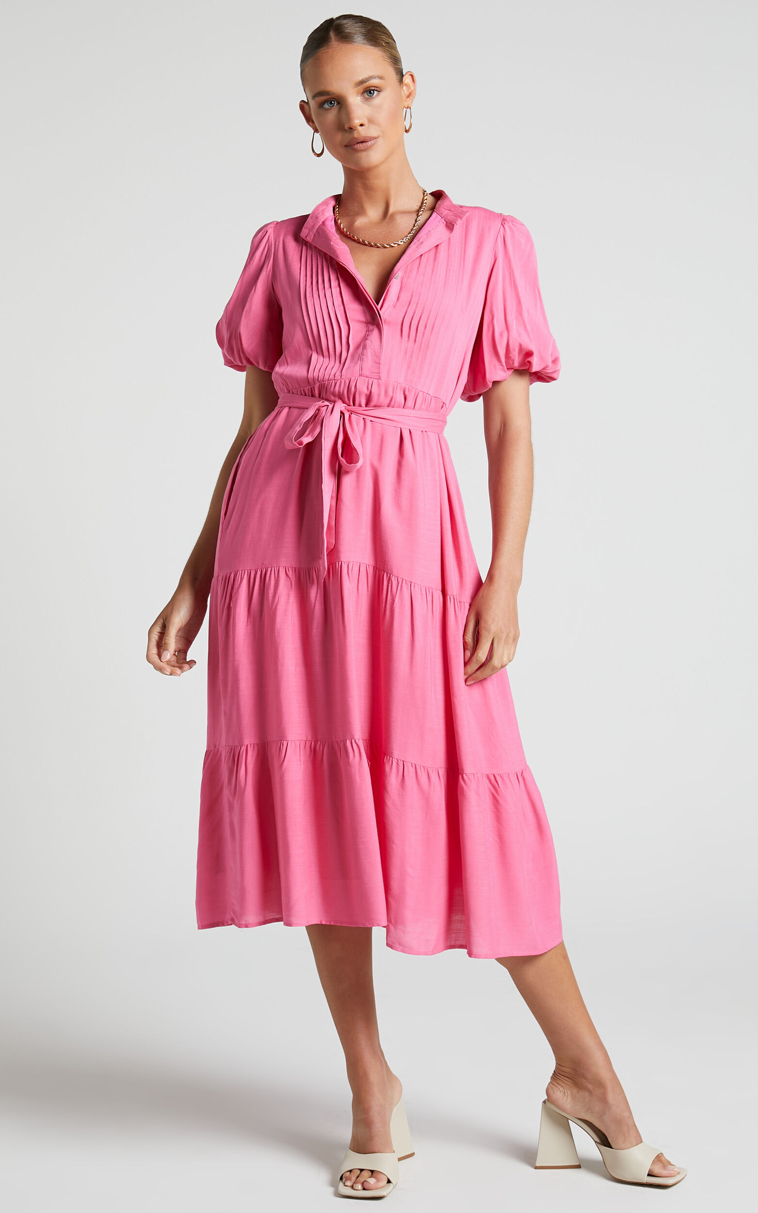 Lenessia Midi Dress - Puff Sleeve Collared Smock Dress in Hot Pink - 06, PNK1