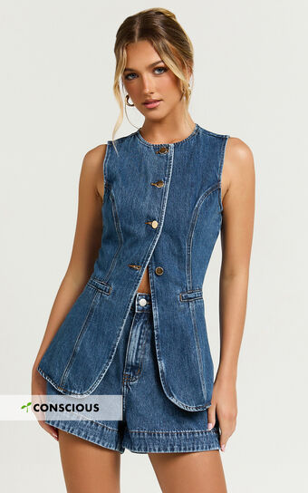 Rhianna Top - Button Down Longline Recycled Denim Vest Top in Dark Blue Wash