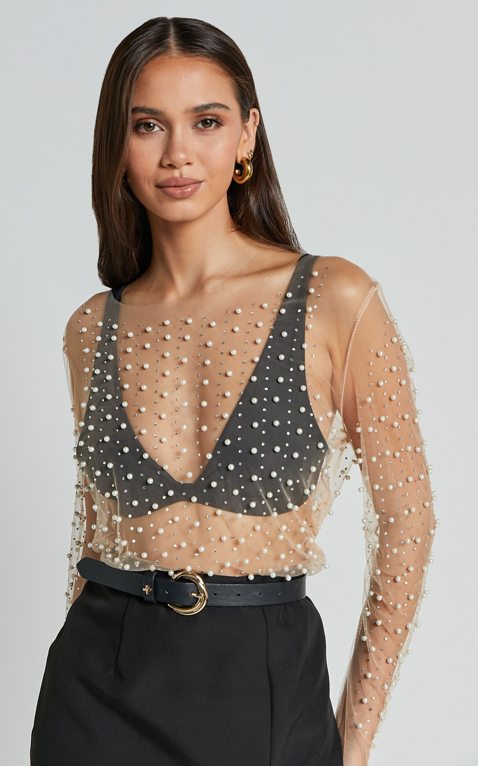 Illiana Top - Pearl Mesh Gathered Long Sleeve Top in Beige - 06, NEU1