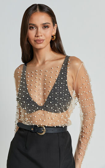 Illiana Top - Pearl Mesh Gathered Long Sleeve Top in Beige
