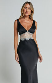 Juliet Midi Dress - V Neck Lace Insert Satin Slip Dress in Black/Beige ...