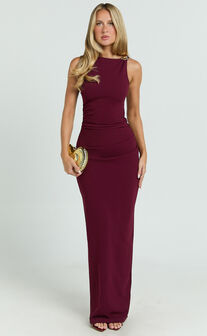Marga Maxi Dress - High Neck Shoulder Detailing Dress in Wine