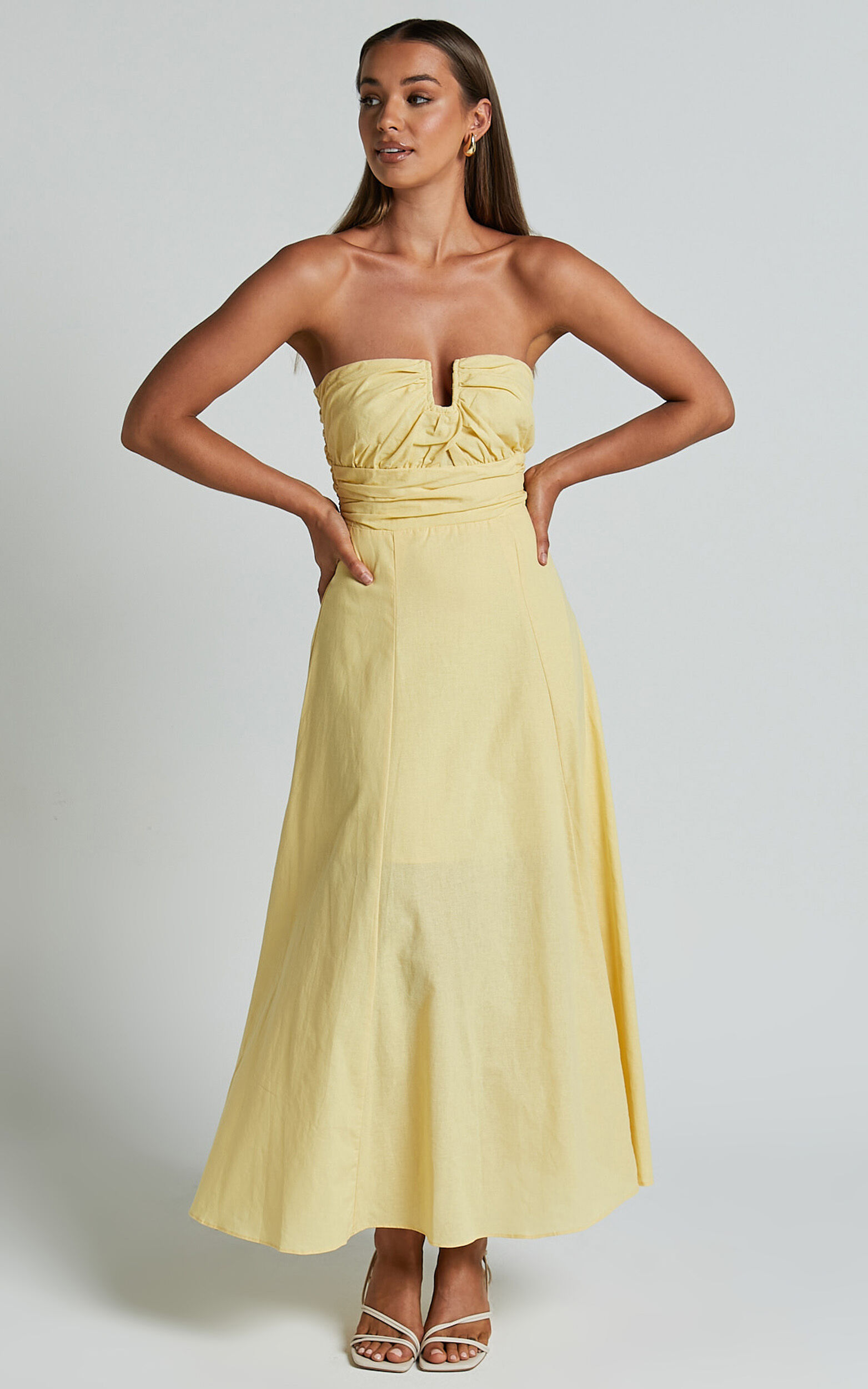 Rhiamay Midi Dress - Strapless Cut Out Front Fit and Flare Dress in Yellow - 06, YEL1