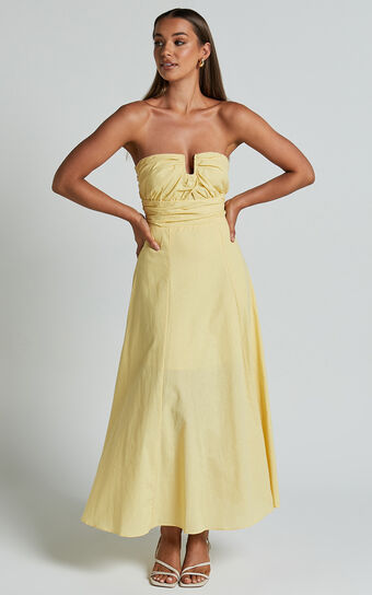 Rhiamay Midi Dress - Strapless Cut Out Front Fit and Flare Dress in Yellow