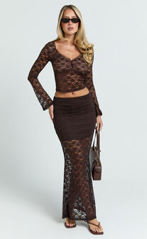 Viola Maxi Skirt - Lace Sheer Bodycon Skirt in Chocolate