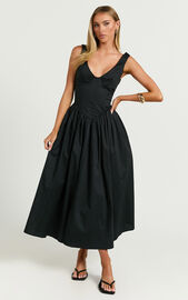Beckett Midi Dress - Scoop Neck Drop V Waist Gathered Skirt Dress in ...