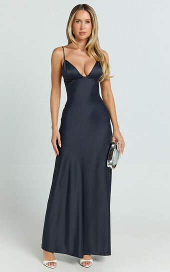 Cariela Midi Dress - Plunge Neck Satin Dress in Navy