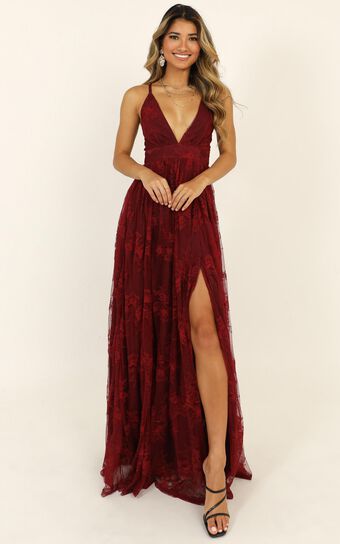 Prom Loving Plunge Maxi Dress in Wine Lace