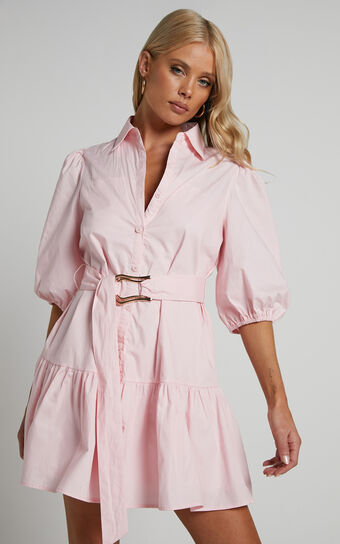 Nyra Button Up Collard Puff Sleeve Mini Dress in Light Pink