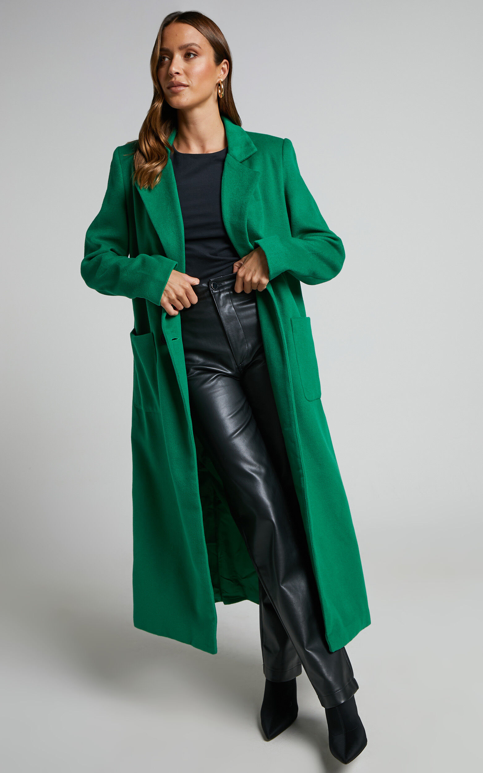 Jaya Coat Double Breasted Collared Longline Coat in Green Showpo