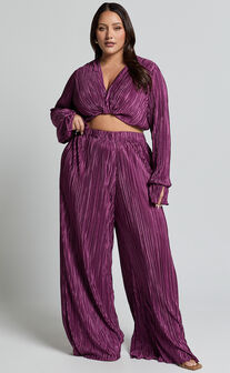 Aluna Two Piece Set - Plisse Twist Front Crop Top and Wide Leg Pants Set in Aubergine