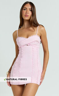 Gigi Mini Linen Blend Dress - Sweetheart Tie Back Scallop Detail Dress in Pink