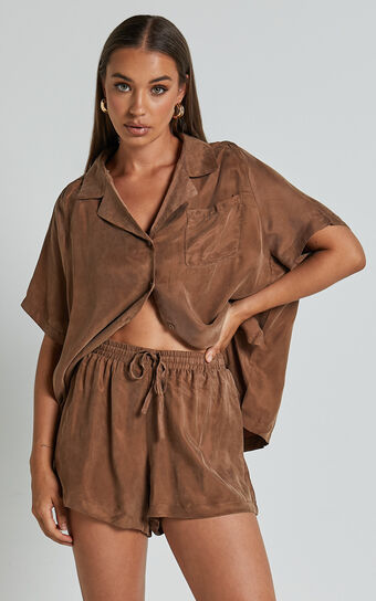 Kaya Shorts - Cupro Drawstring Asymmetrical Hem Shorts in Mocha
