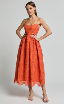 Gabriella Midi Dress - Strappy Gathered Skirt Embroidered Dress in Orange