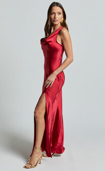 Brigette Maxi Dress - Sleeveless Cowl Neck with Ribbon Detail Strap in Red