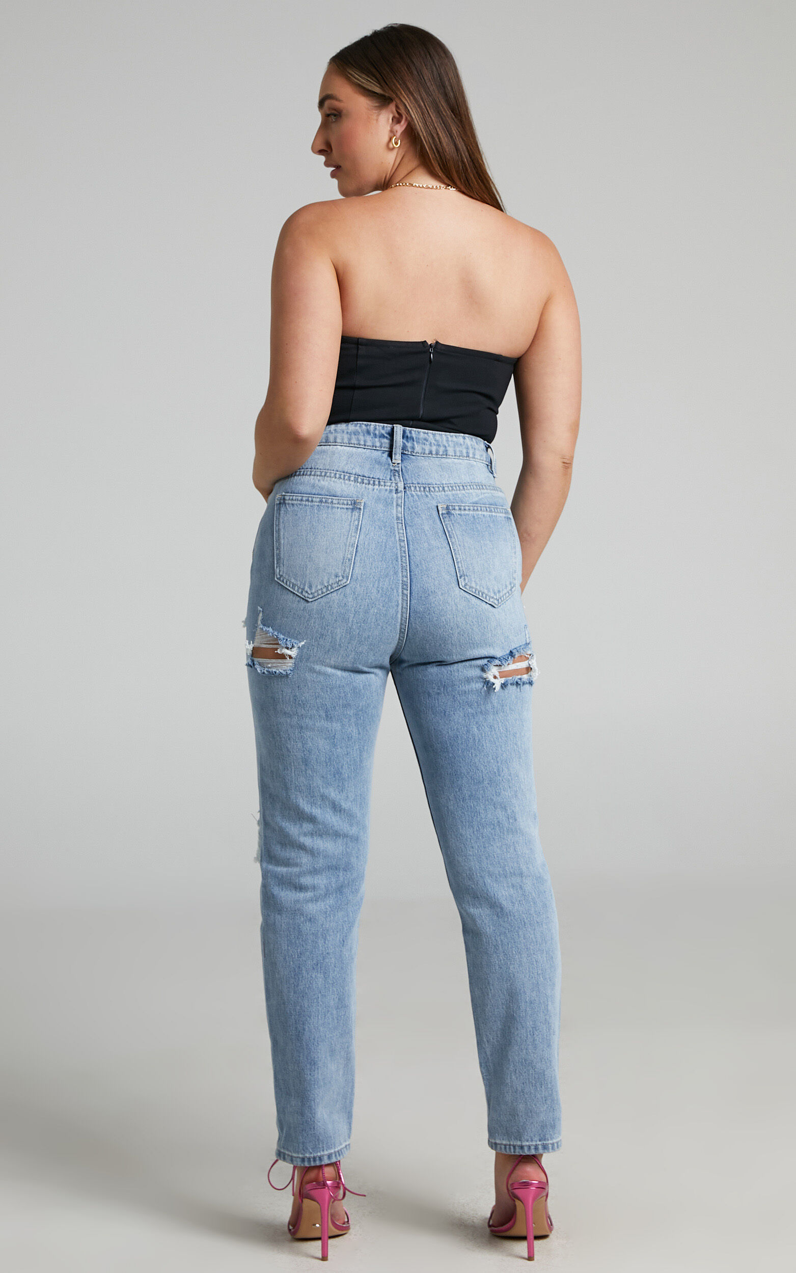 Billie Jeans - High Waisted Cotton Distressed Mom Denim Jeans in