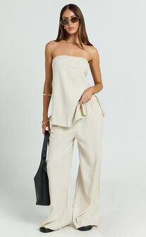Kiesha Two Piece Set - Strapless Longline Top and Pants Set in Oatmeal